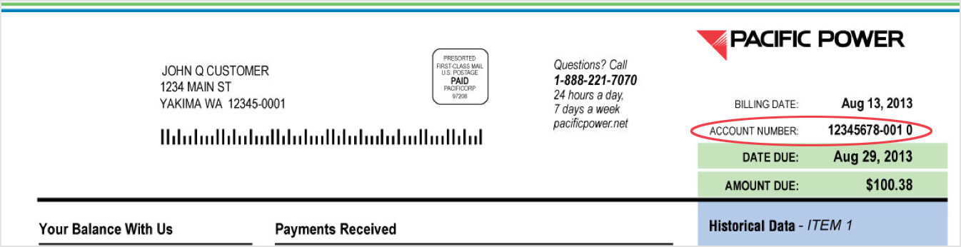 Example of Account Number on Pacific Power Bil